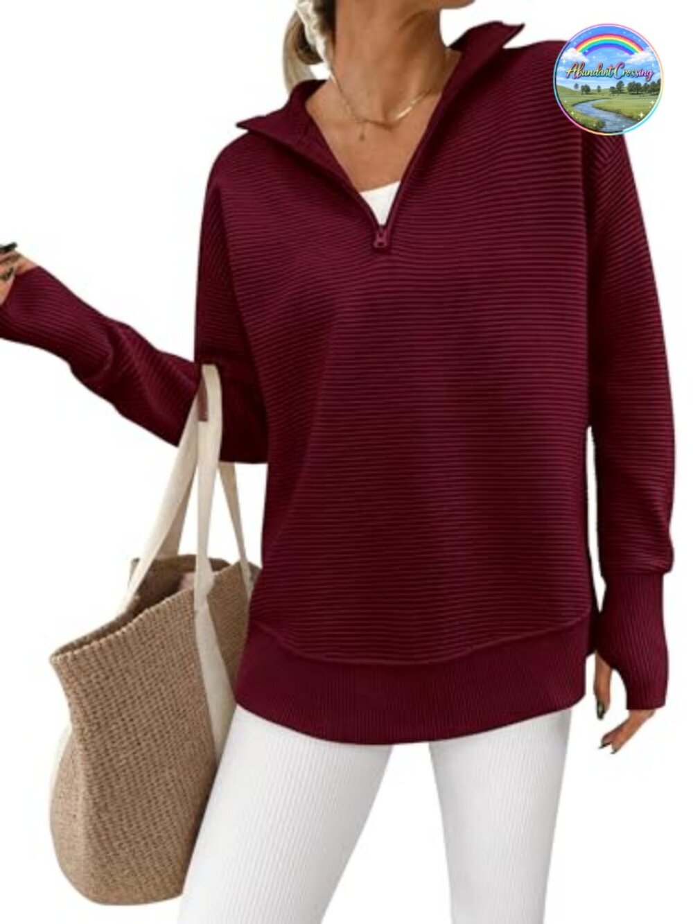 Womens Long Sleeve Quarter Zip Ribbed Knit Pullover Sweater Loose Fit